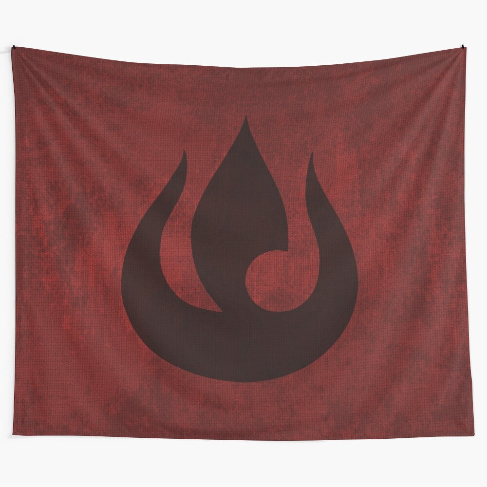 Fire Nation inspired tapestry wall hanging featuring the emblem and flag of the Fire Nation from Avatar: The Last Airbender