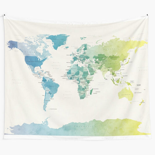 Watercolor political map of the world tapestry wall art