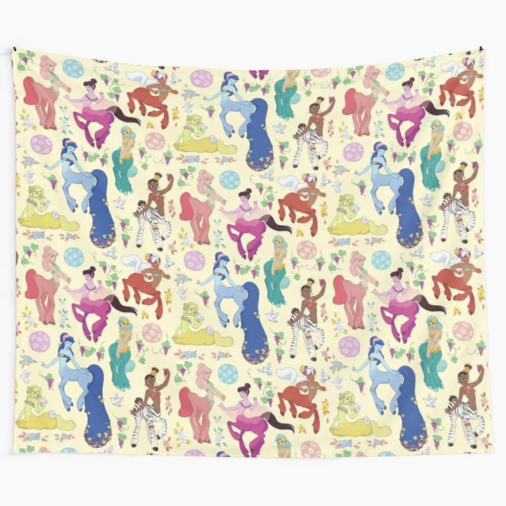 Centaurettes tapestry featuring mythological creatures, flowers, and a rainbow landscape