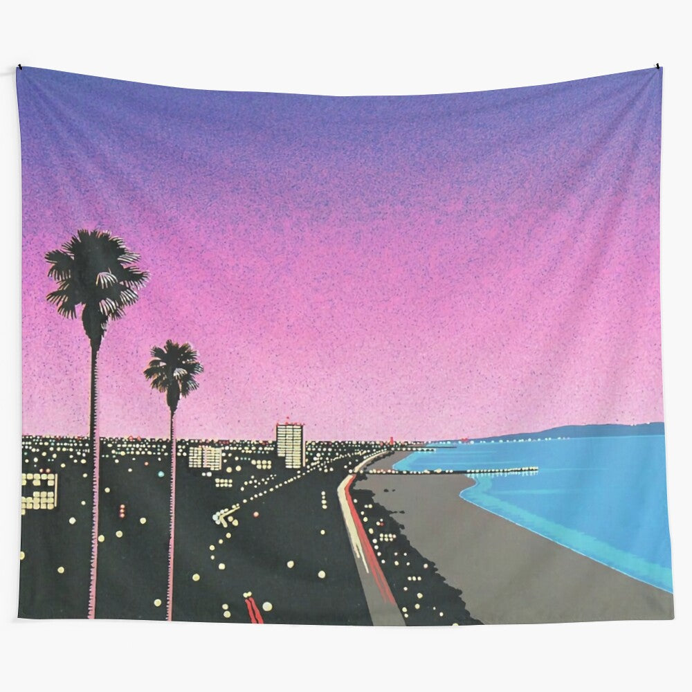 Vaporwave tapestry featuring a vibrant, pastel-colored cityscape design inspired by the art of Hiroshi Nagai