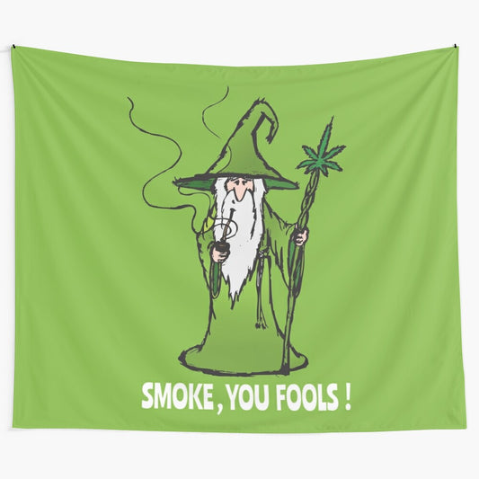 Fantasy-inspired tapestry wall hanging featuring a character with a wizard's staff, beard, and smoking a pipe