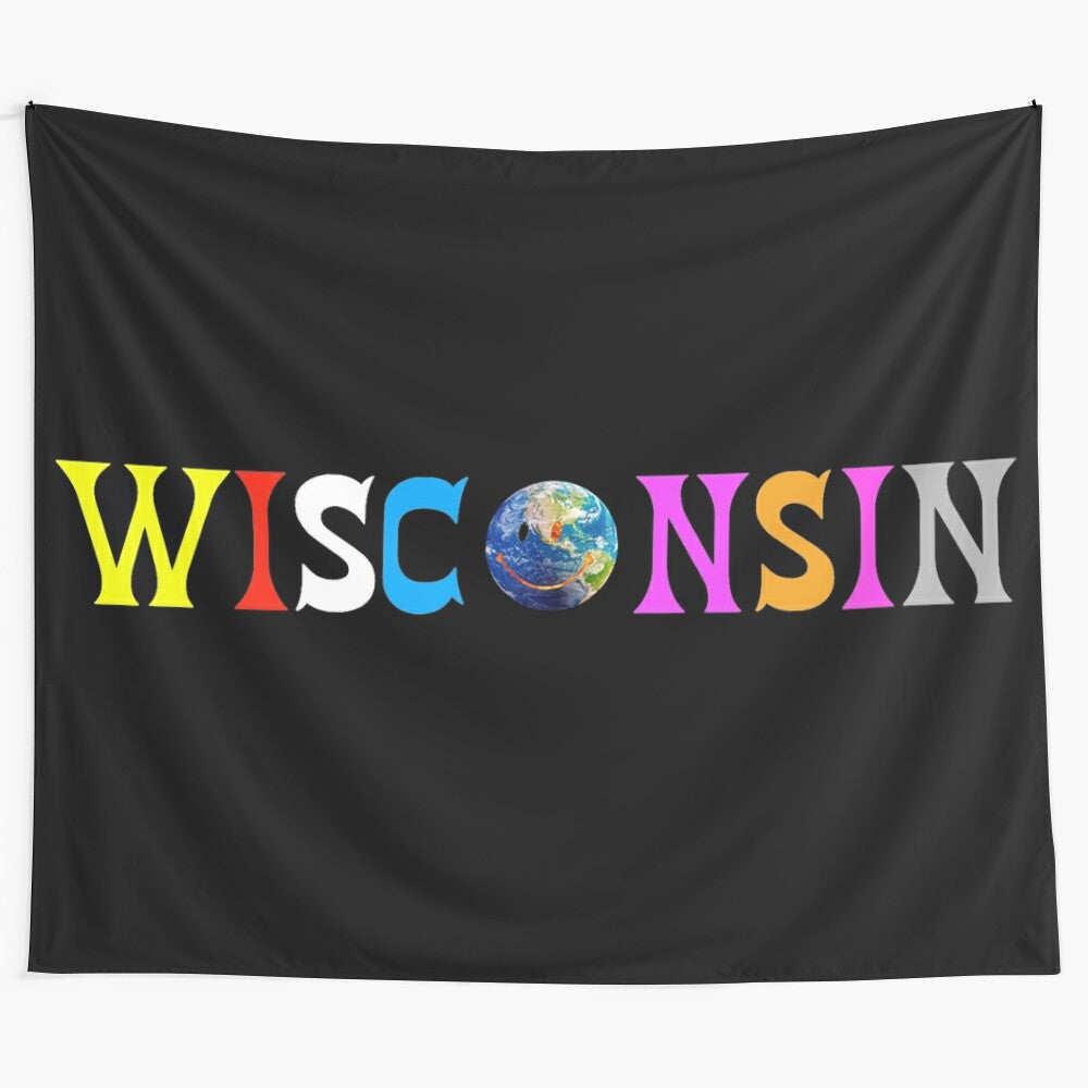 Wisconsin-inspired Astroworld-themed tapestry featuring the Wisconsin Badgers logo and "Jump Around" text