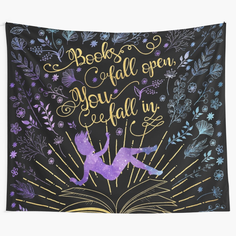 Books Fall Open, You Fall In Tapestry with gold foil quote