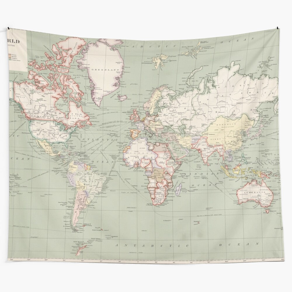 Vintage-inspired world map tapestry featuring historical cartography and geography