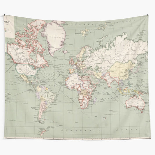 Vintage-inspired world map tapestry featuring historical cartography and geography