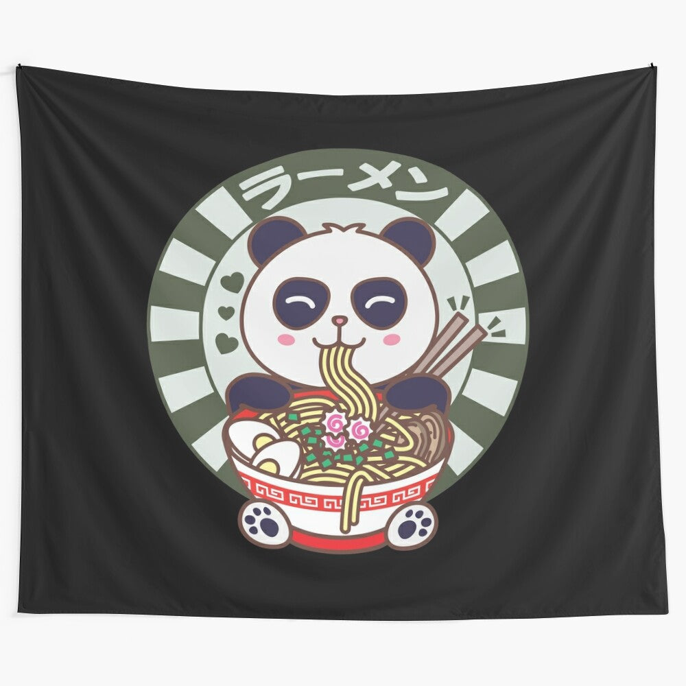 Cute cartoon panda bear eating Japanese ramen noodles in a kawaii anime-inspired tapestry design