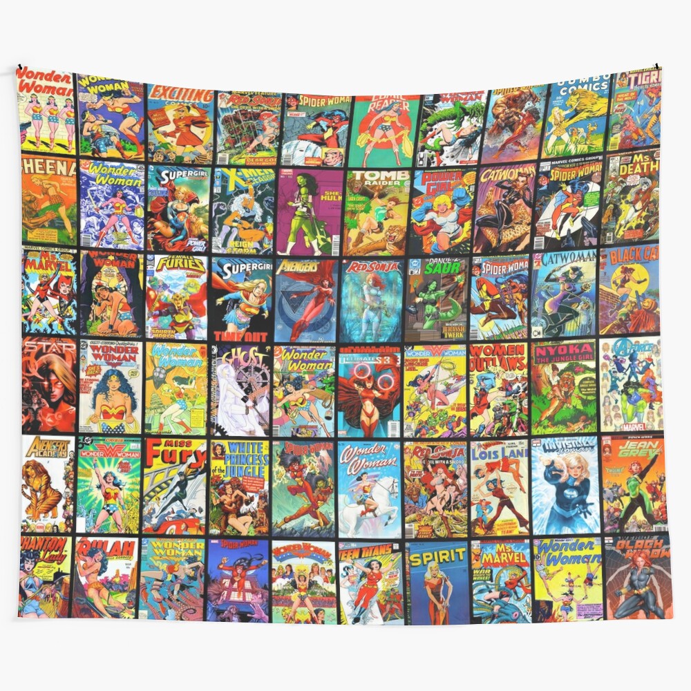 Vintage comic book inspired tapestry featuring female superheroes