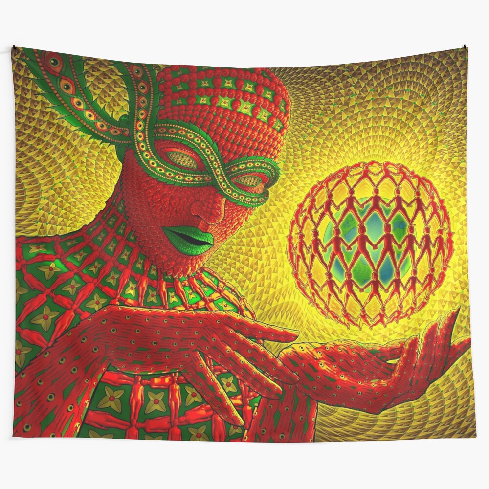 Mystical psychedelic tapestry featuring intricate fractal patterns and hallucinogenic visuals