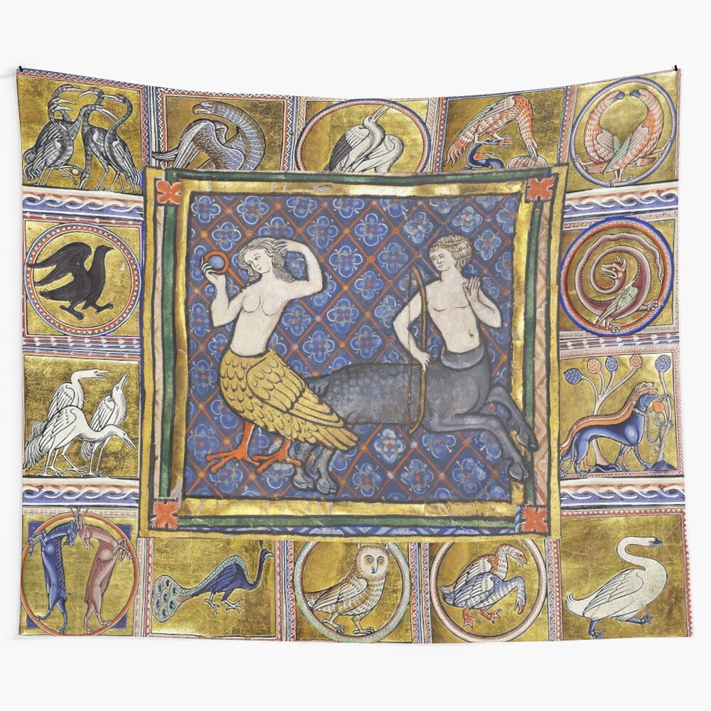 Medieval Bestiary Tapestry featuring Harpy and Centaur in Gold, Red, and Blue Colors