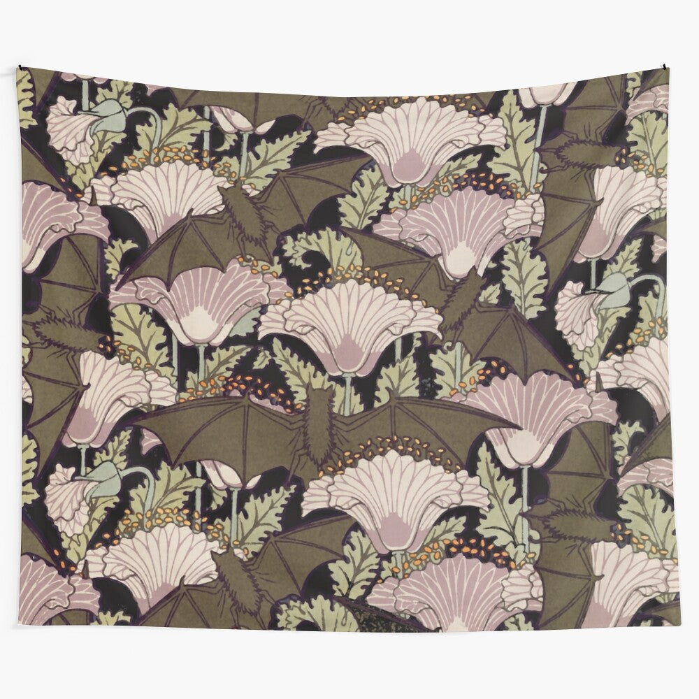 Dark and moody tapestry featuring bats and poppies in a grunge, gothic style