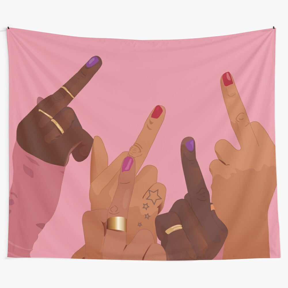 PYNK Tapestry featuring a digital illustration of a pink middle finger, representing feminism and empowerment