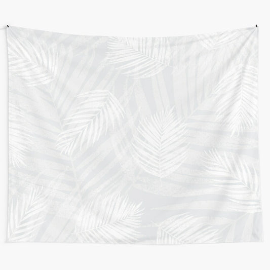 White lino print palm leaves tapestry with minimal, scandinavian-inspired design