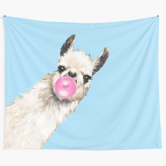 Cute and adorable bubble gum sneaky llama in a blue tapestry