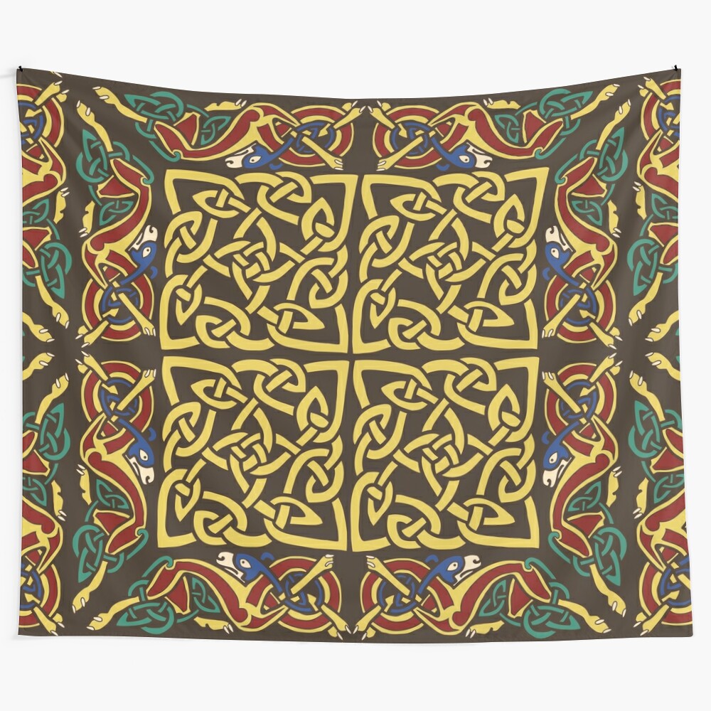 Handcrafted medieval tapestry with intricate Celtic knotwork and hounds