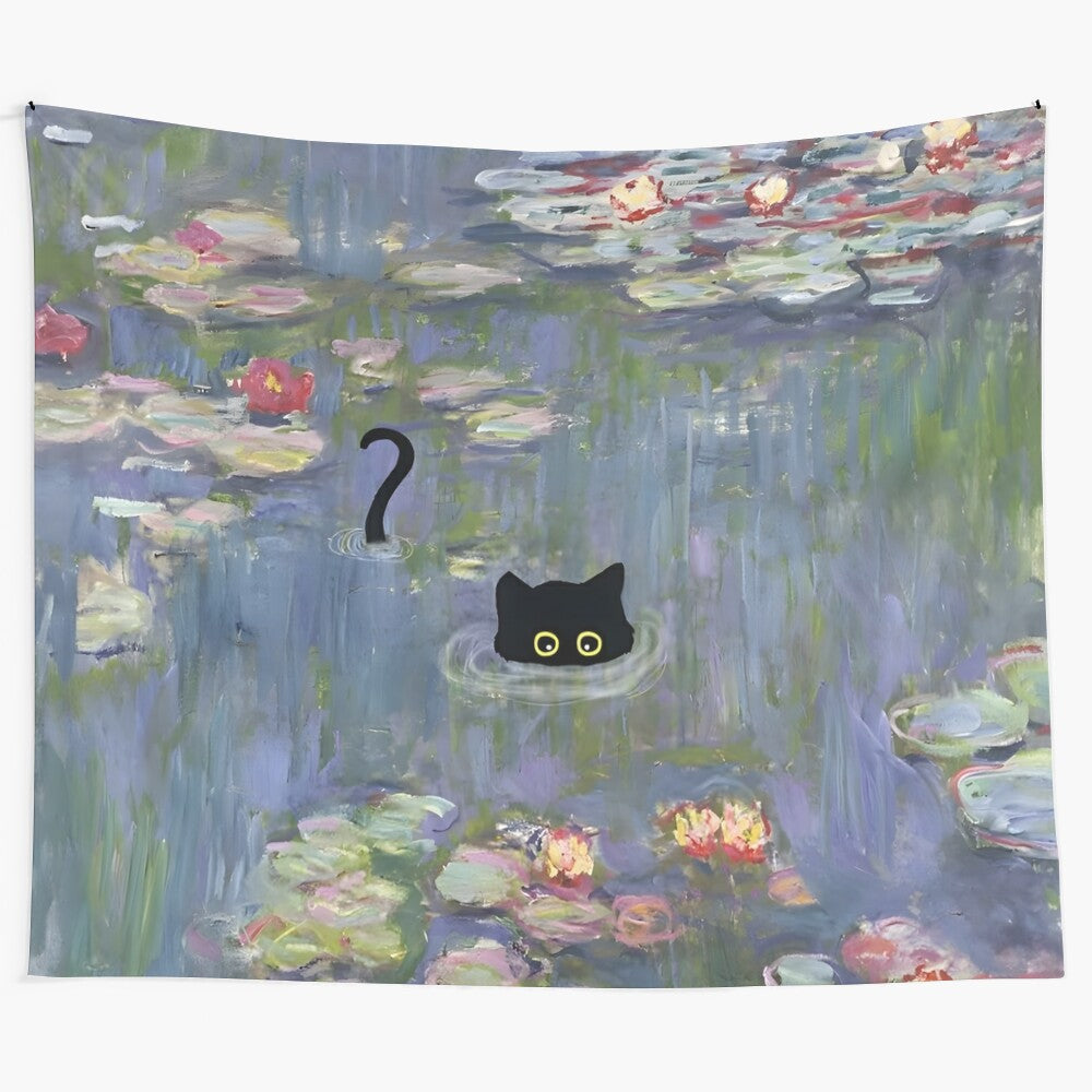 Cat Monet Waterlily Tapestry featuring a black cat in an impressionist-style landscape