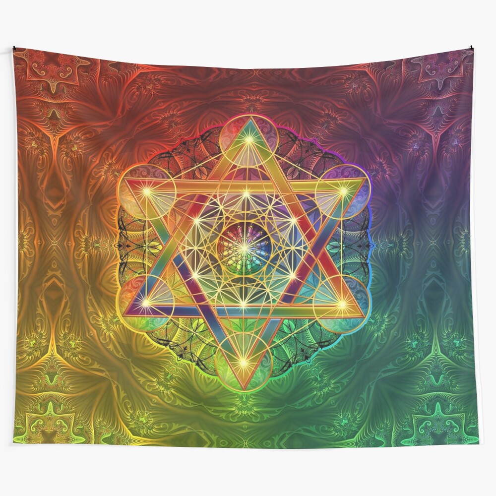 Vibrant sacred geometry tapestry with Metatron's Cube, Merkabah, and Flower of Life motifs