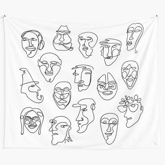 Continuous line face design tapestry with simple black and white line work