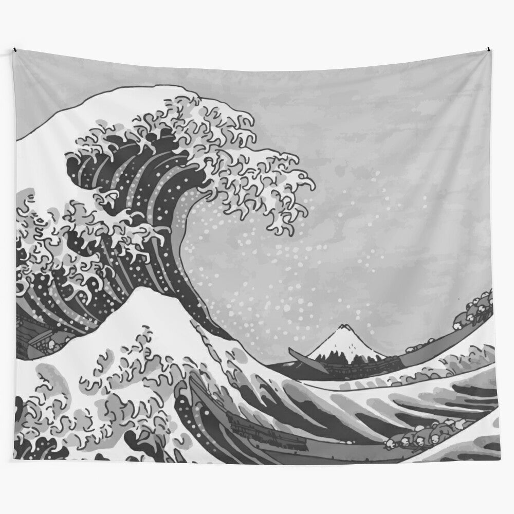 Black and white tapestry depicting the Great Wave of Kanagawa