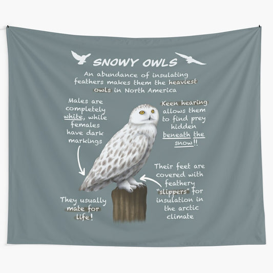 Snowy owl tapestry featuring educational animal facts