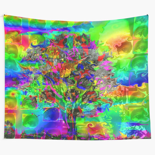 Psychedelic tree tapestry with abstract patterns and colorful digital art design