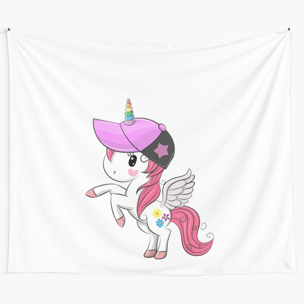 Colorful unicorn tapestry with rainbow and horn