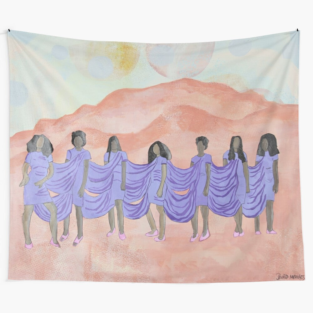 Vibrant abstract tapestry featuring Solange-inspired imagery, including mountains and cranes in the sky.