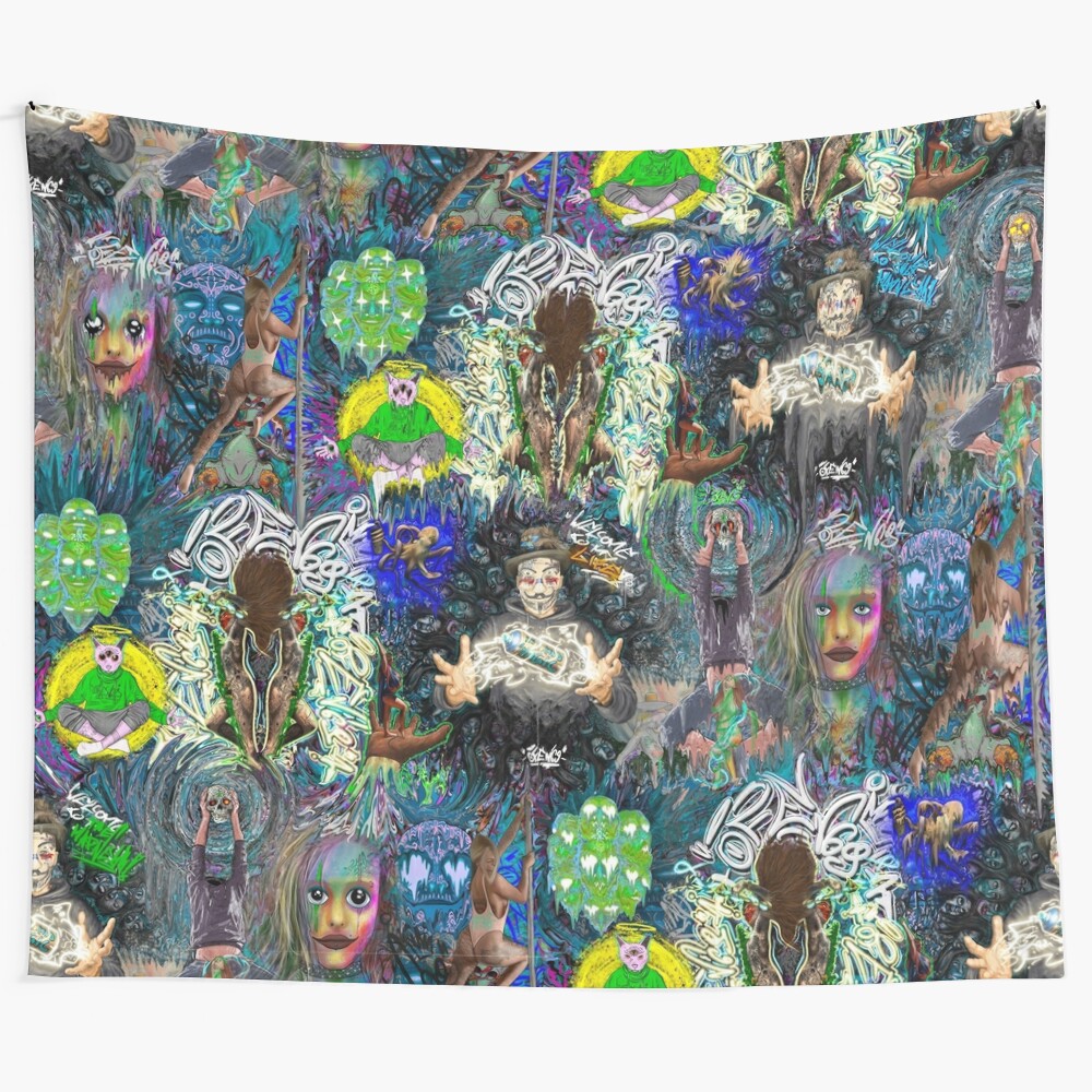 Psychedelic art mashup collage tapestry with vibrant colors, melting effects, and surreal elements