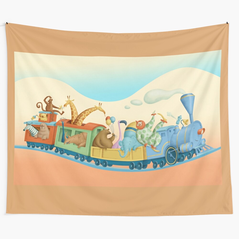 Little Blue Engine Tapestry with Train, Animals, Circus, and Clowns