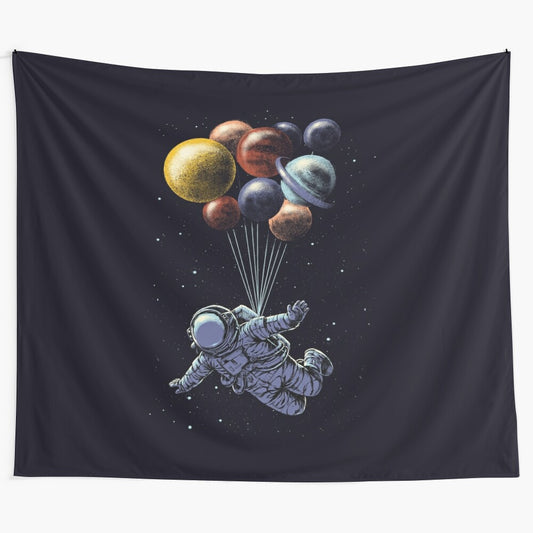 Colorful space travel tapestry featuring a surrealistic, floating design of the solar system, planets, and celestial elements.