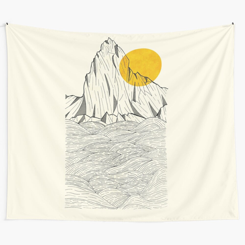 Serene sea cliff tapestry with abstract mountain and wave designs