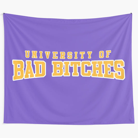 University tapestry featuring bold purple and yellow colors, perfect for the bad bitch and party girl lifestyle.