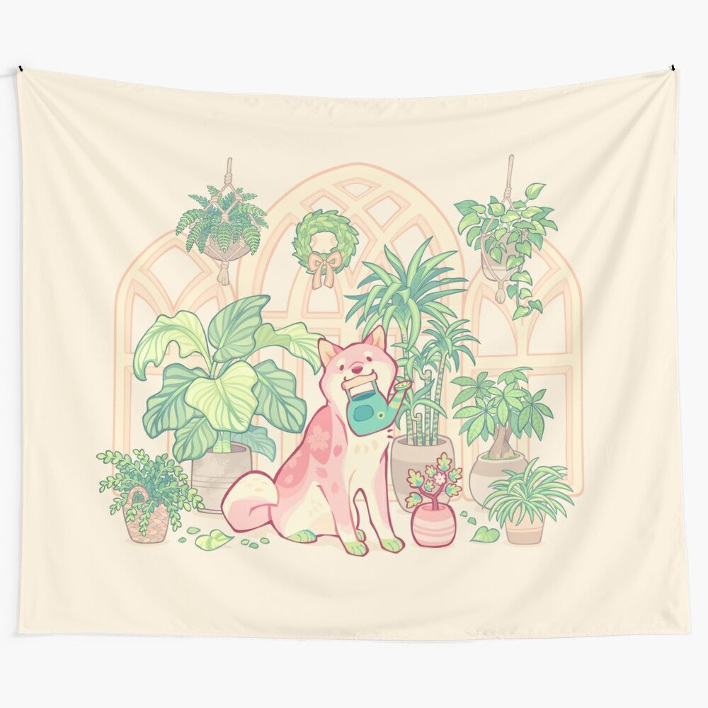 Shibakura inspired tapestry with plants, flowers, and a cute dog design