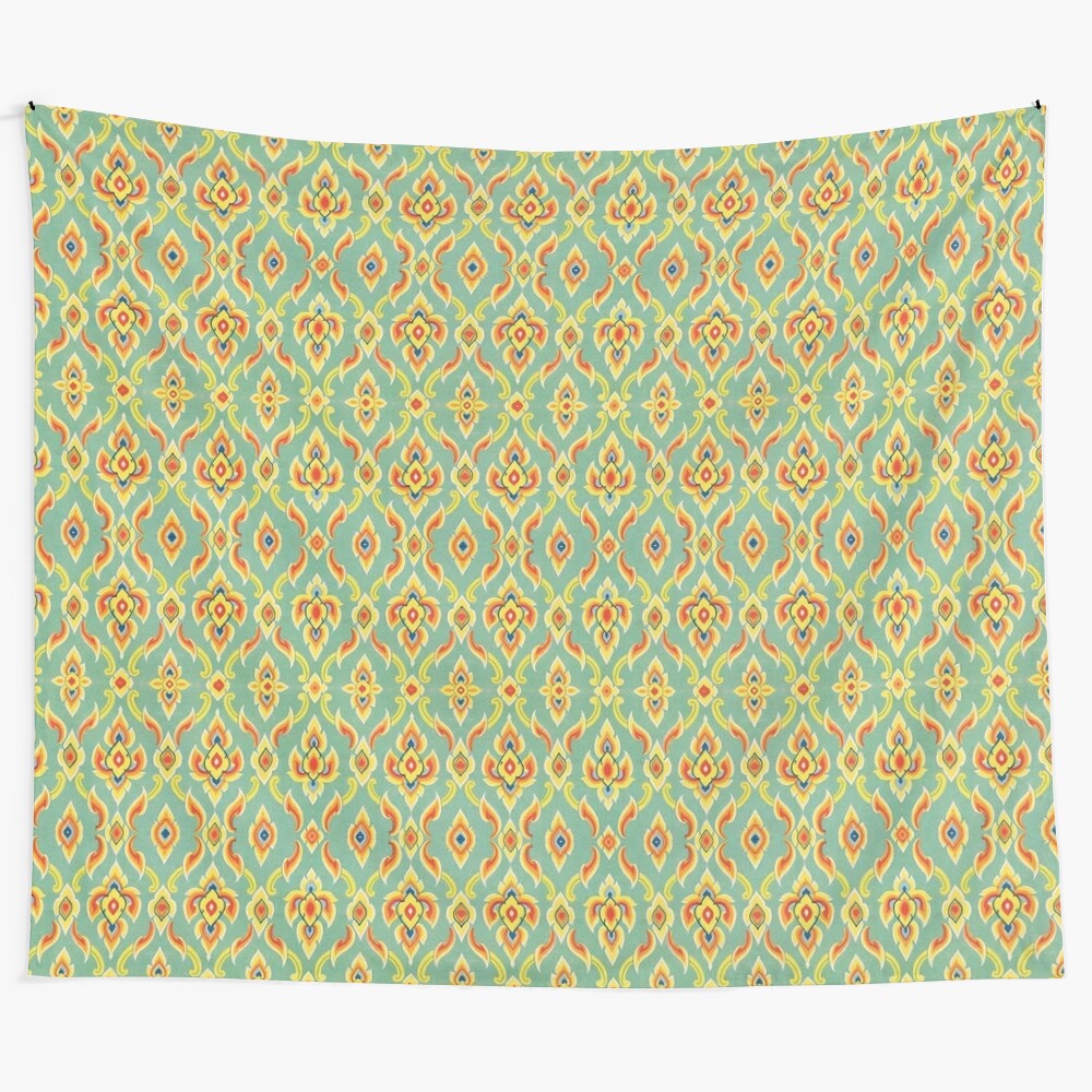 Thai-inspired tapestry with intricate patterns and vibrant colors