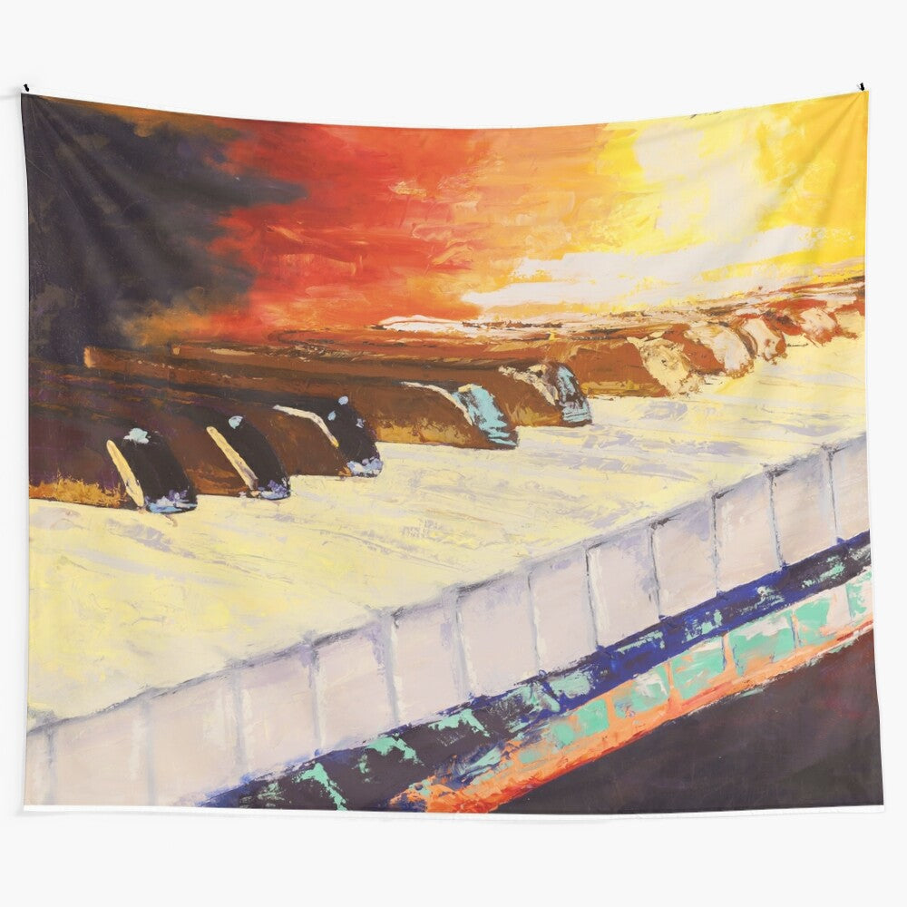 Sunset-themed piano tapestry with abstract, colorful design