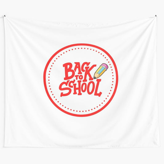 Colorful back to school themed tapestry with rainbow, hearts, and school supplies