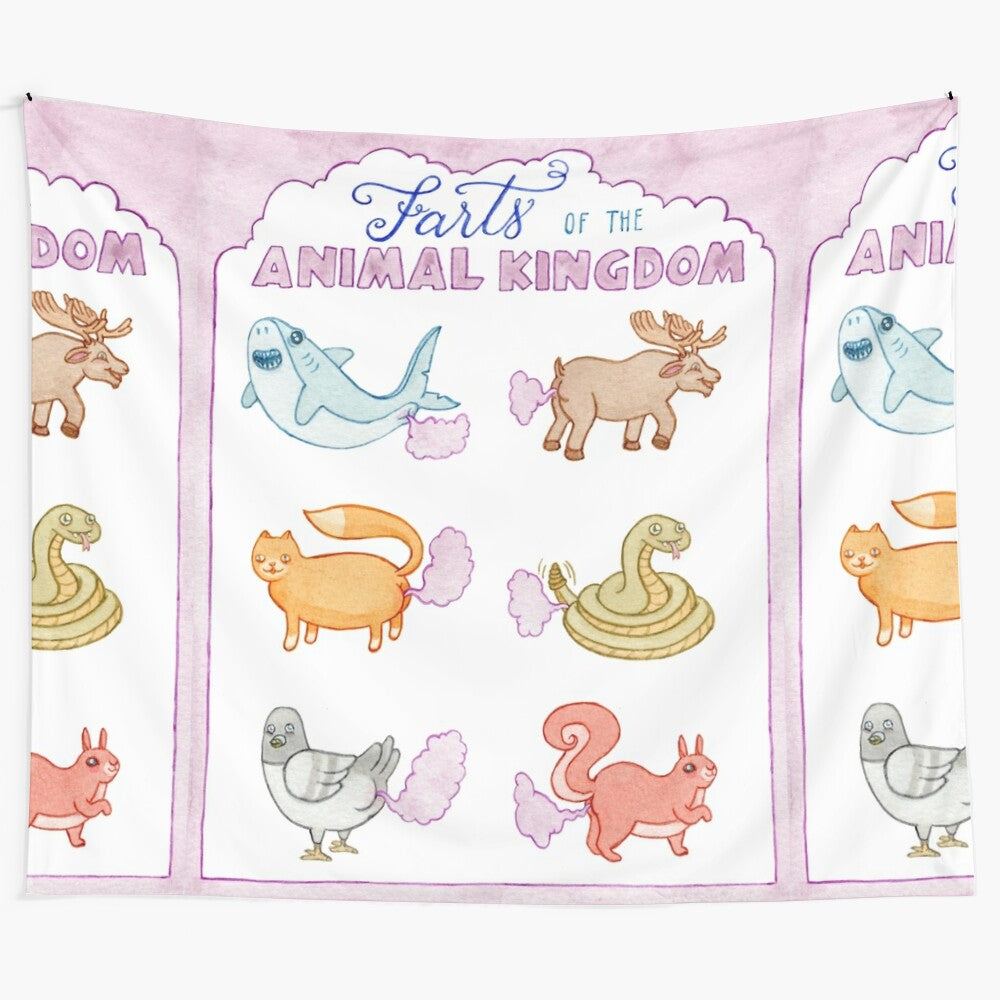 Whimsical hand-painted tapestry showcasing funny animal fart facts from the animal kingdom