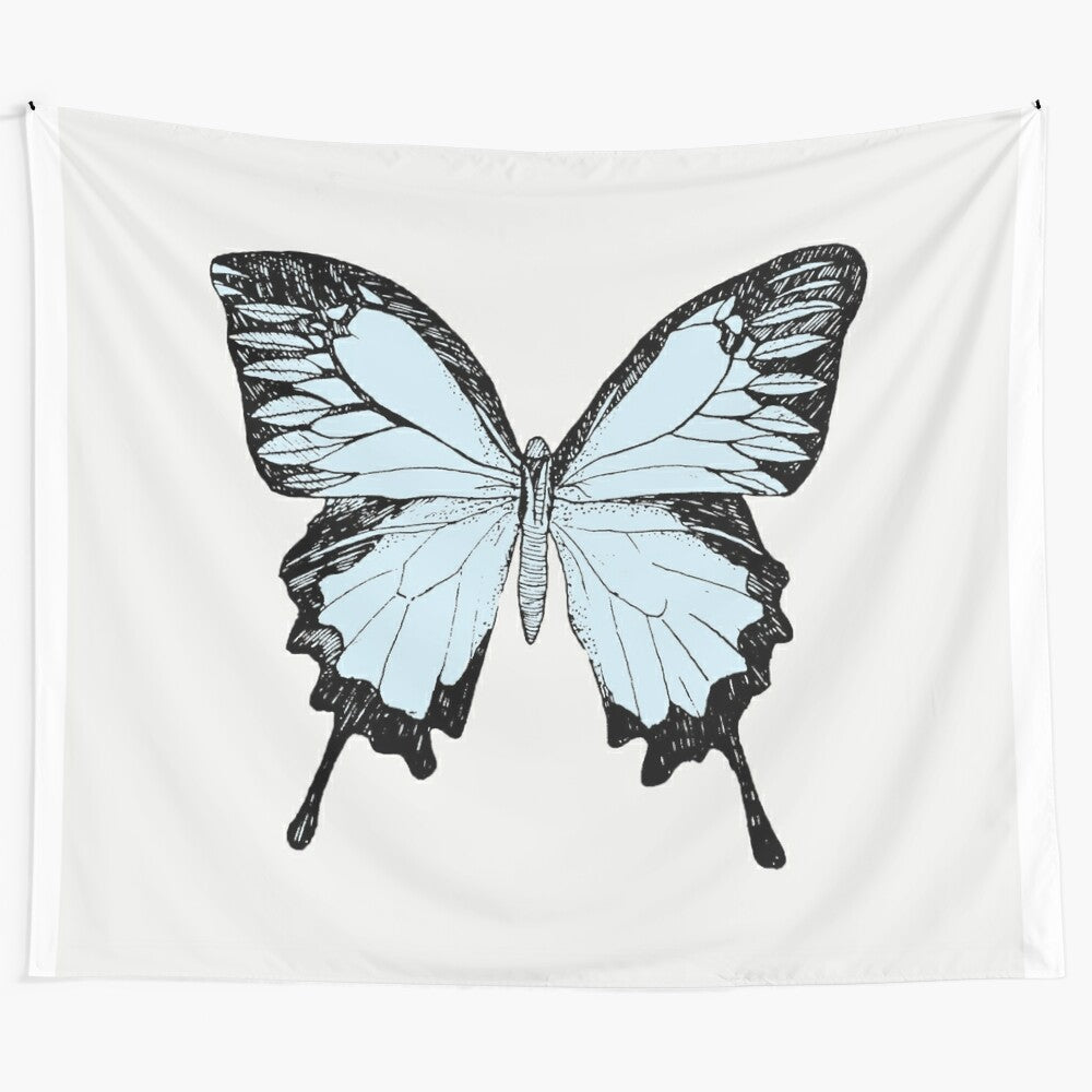 Delicate butterfly tapestry featuring a detailed ink illustration of butterflies in a botanical garden setting