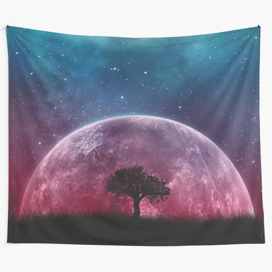 Vibrant pink and blue space tapestry with a galaxy and starry sky design