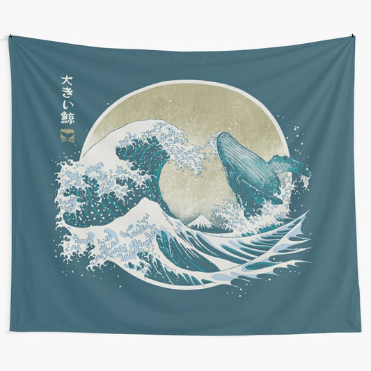 Artistic whale tapestry featuring waves and Mount Fuji inspired by Japanese Ukiyo-e art