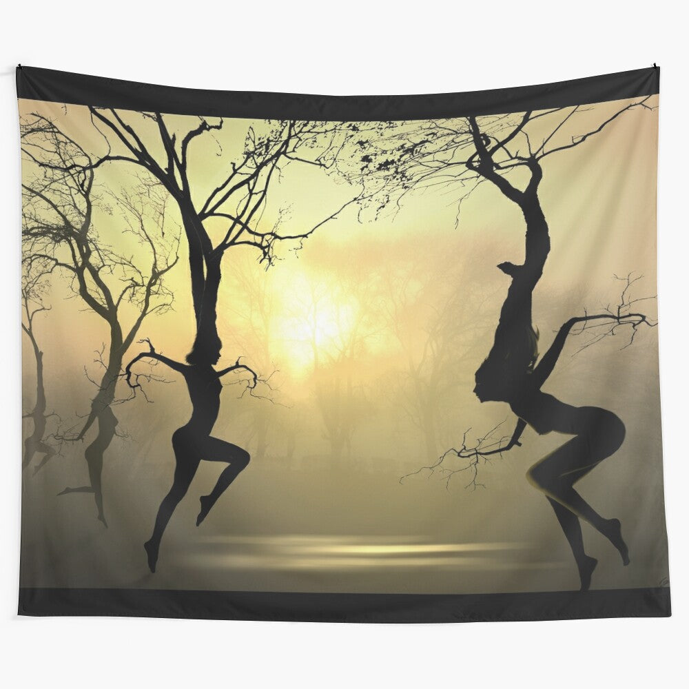 Mystical dancing trees silhouette tapestry with pagan and wicca elements