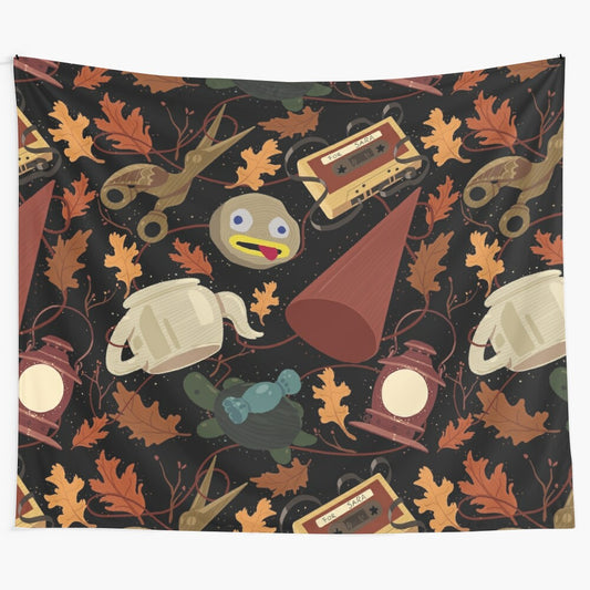 Over the Garden Wall inspired tapestry featuring a fantasy forest scene with a moon, lanterns, and birds