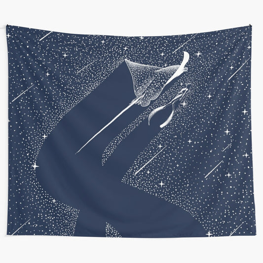 Tapestry featuring a spotted eagle ray, stingray, and shark swimming in a starry, cosmic seascape