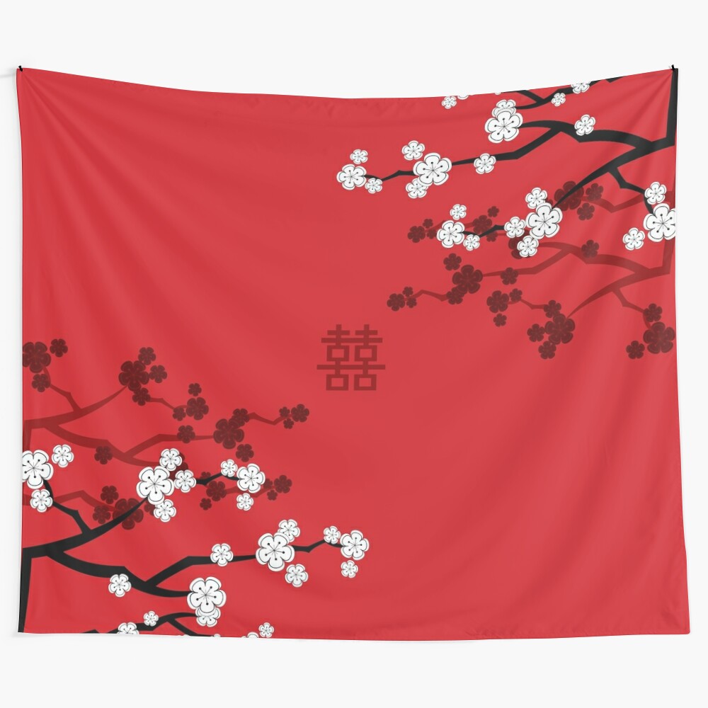 Artistic white cherry blossom flowers on red background with oriental Japanese sakura design