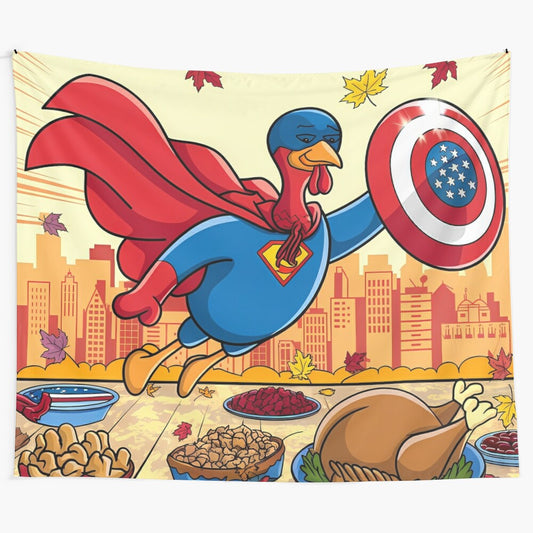 Superhero turkey flying in a cartoon cityscape on a tapestry