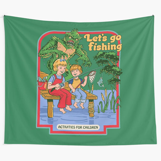 Retro fishing tapestry with a humorous creature from the swamp design