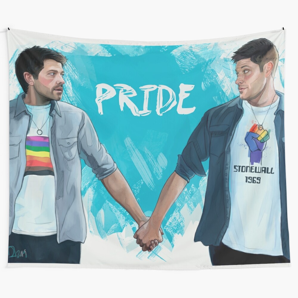 Supernatural destiel fanart tapestry featuring Dean Winchester and Castiel in pride colors