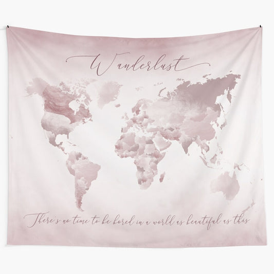 Pink world map tapestry with wanderlust-inspired design