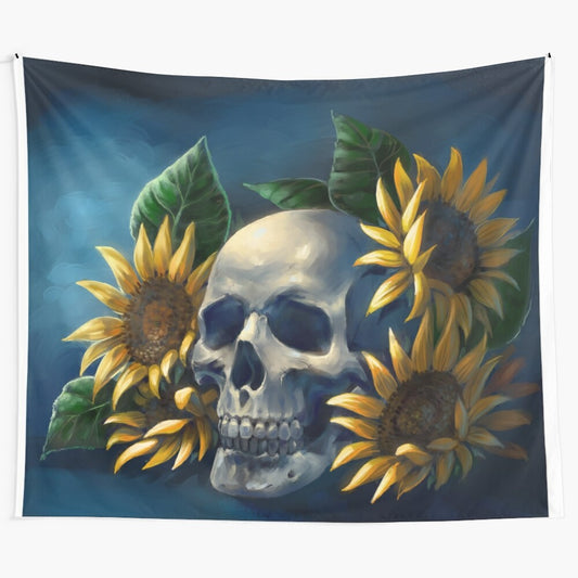 Skull and sunflower tapestry with a gothic, spooky design