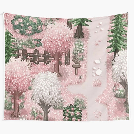 Stardew Valley inspired pink and floral tapestry, featuring lush plants and flowers