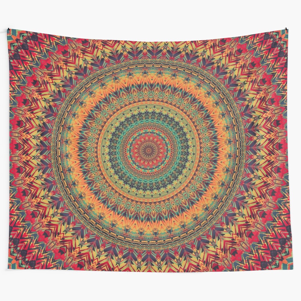 Vibrant mandala tapestry featuring sacred geometry patterns